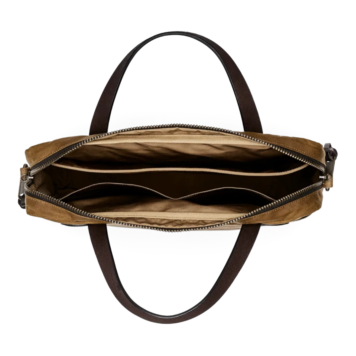 MILWORKS Filson Tin Cloth Compact Briefcase in dark tan with open top view showing interior pockets and lining