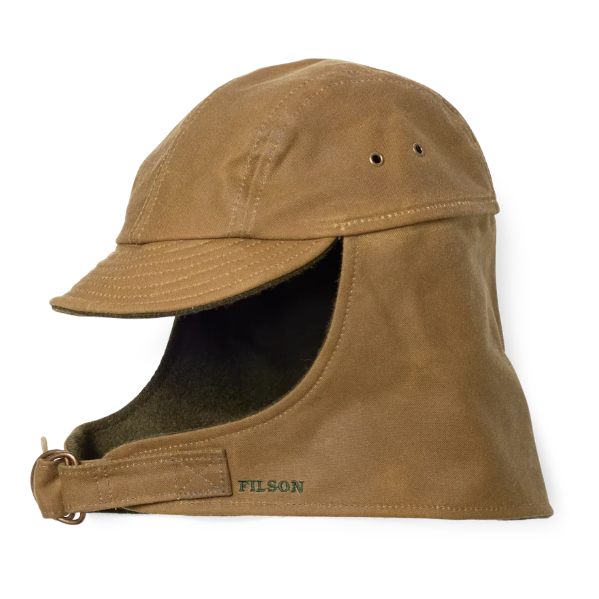 MILWORKS Filson dark tan waxed-canvas wildfowl hat with wool lining, ear flaps, and D-ring buckle adjustment