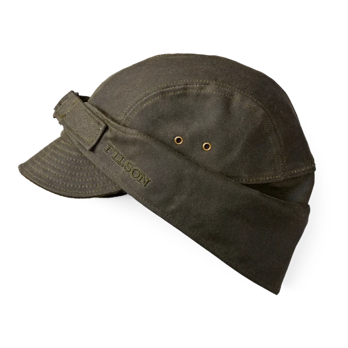 MILWORKS Filson Tin Cloth Wildfowl Hat in Otter Green featuring waxed canvas, wool lining, and adjustable ear flaps.