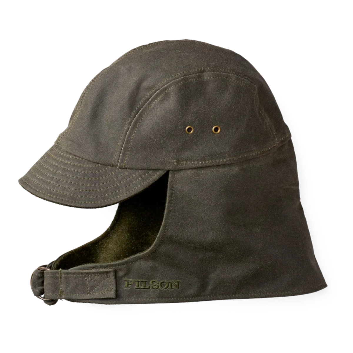 MILWORKS Filson Tin Cloth Wildfowl Hat in Otter Green with wool lining, ear flaps, and D-ring buckle adjustment.