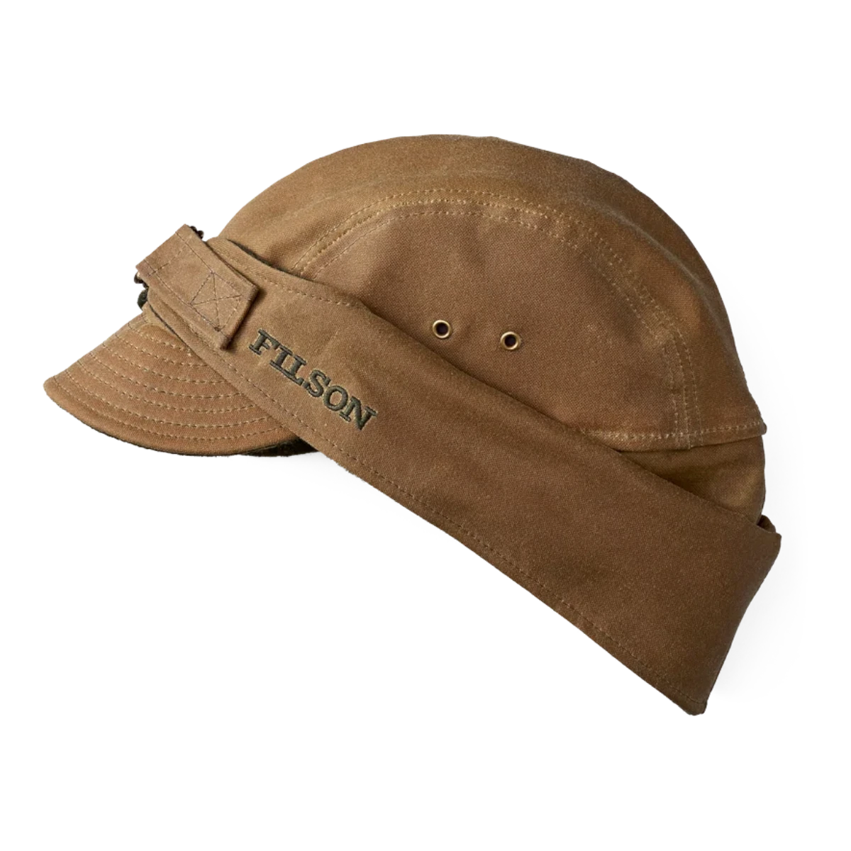 MILWORKS Filson dark tan waxed canvas wildfowl hat with wool lining, ear flaps, and embroidered logo