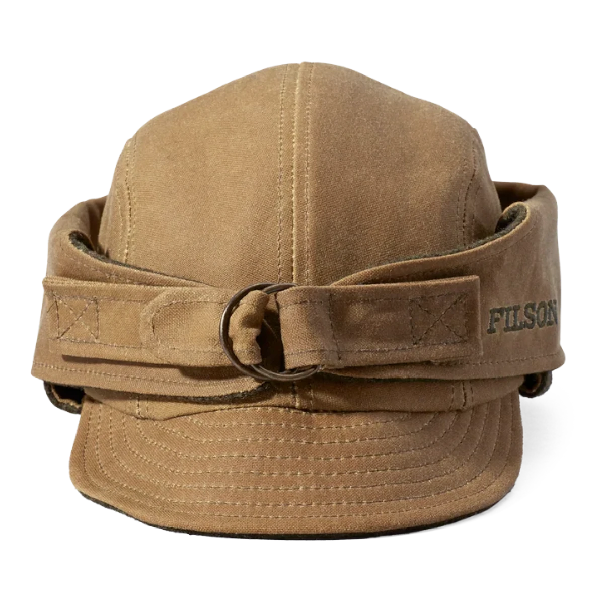 MILWORKS Filson dark tan waxed canvas wildfowl hat with wool lining, ear flaps, and adjustable D-ring buckle