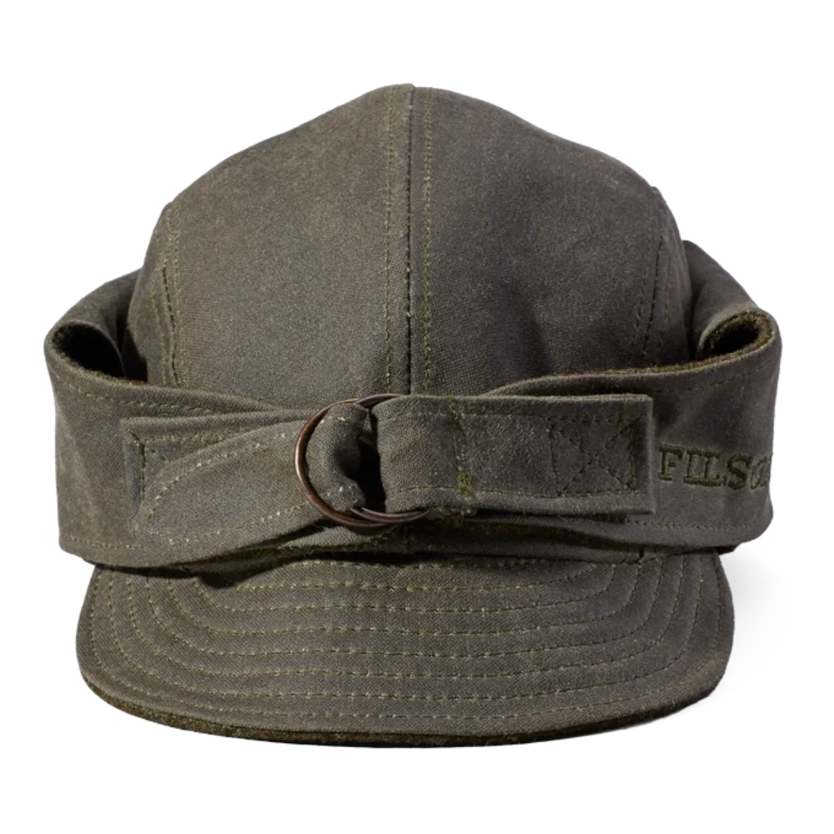 MILWORKS Filson Tin Cloth Wildfowl Hat in Otter Green with wool lining and adjustable D-ring ear flap