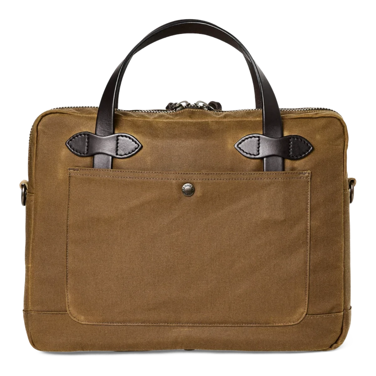 MILWORKS Filson dark tan waxed Tin Cloth compact briefcase with bridle leather handles and front stow pocket
