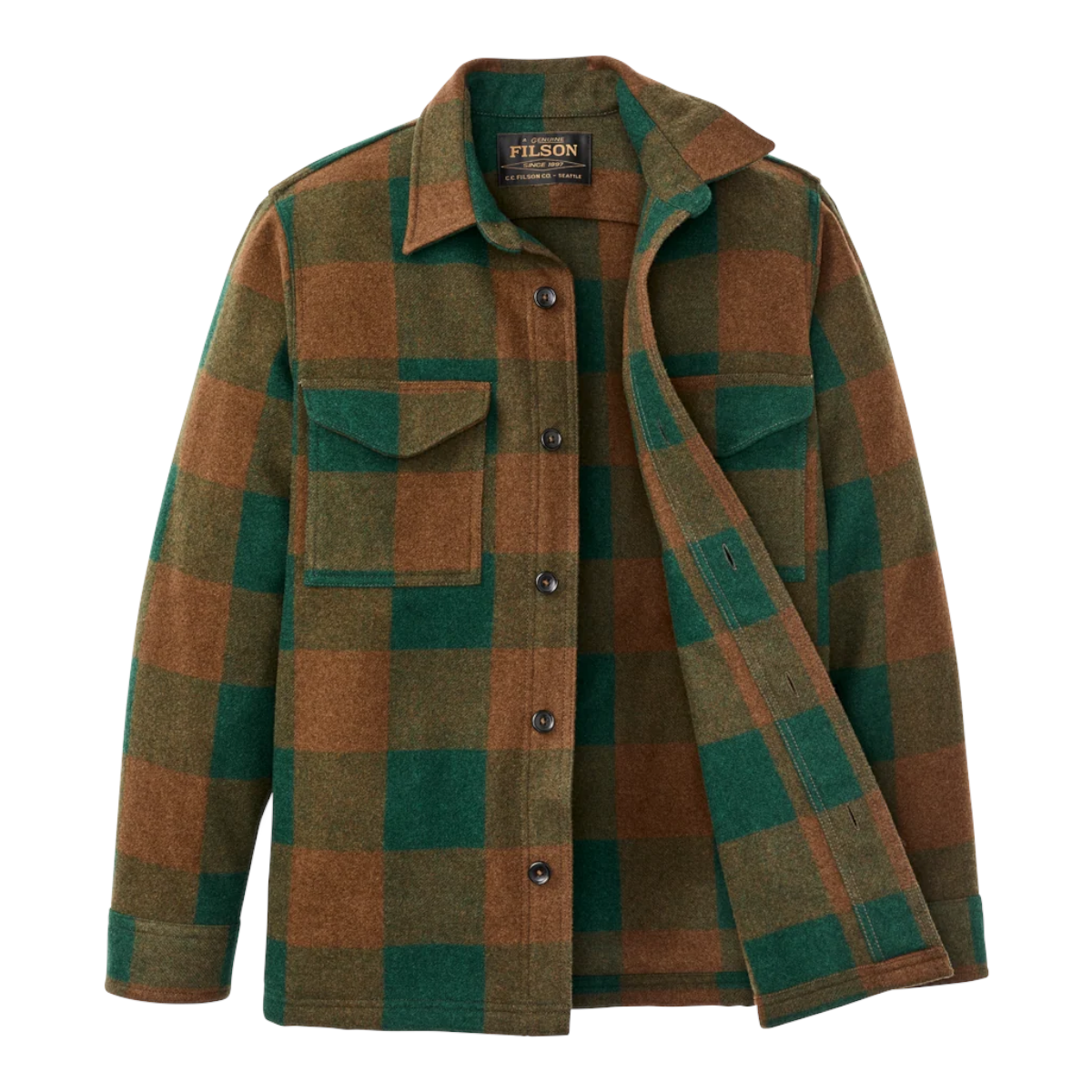 MILWORKS Filson wool jac-shirt in bronze and green plaid with button-down front and dual chest pockets