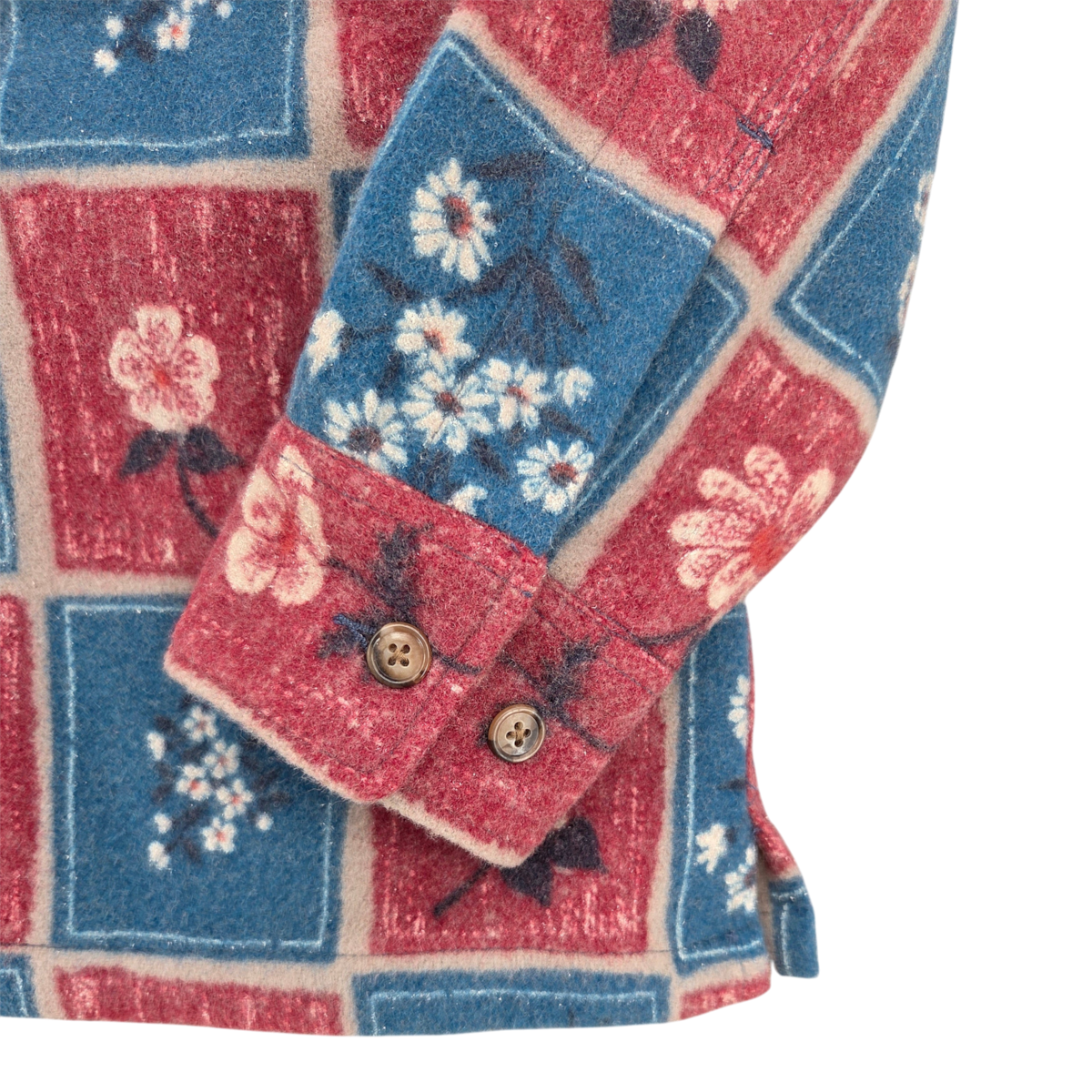 MILWORKS Randy Garments heavy melton wool overshirt featuring a red and blue block print floral pattern and buttons.