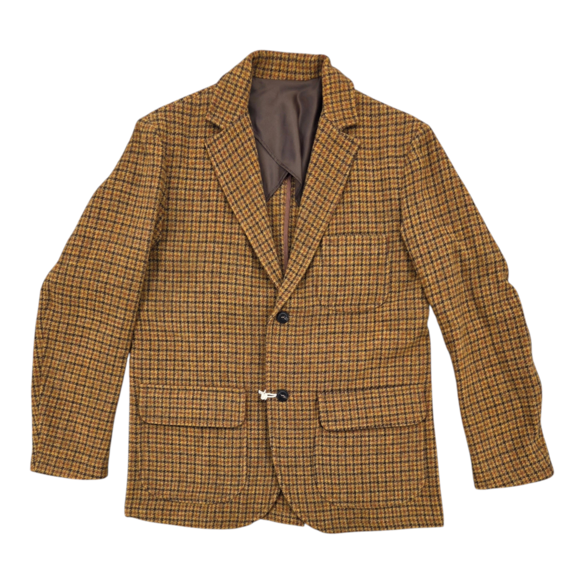 MILWORKS East Harbour Surplus Freeport jacket in a beige and brown pied de poule wool blend with two-button closure.