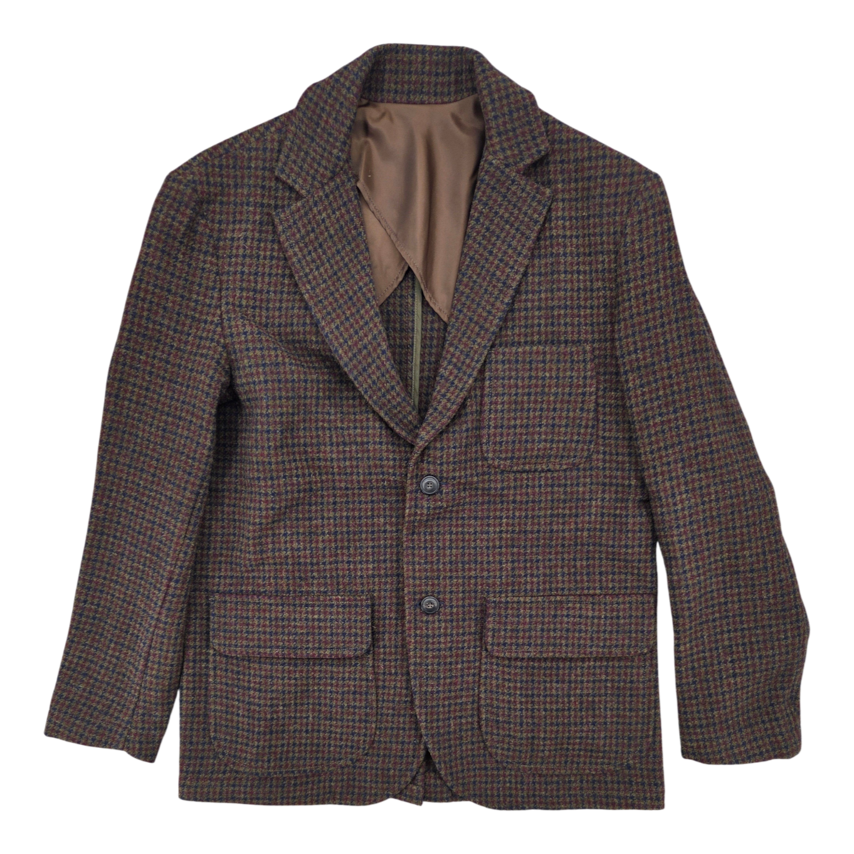 MILWORKS East Harbour Surplus Freeport jacket in grey and blue pied de poule wool with two-button front closure.
