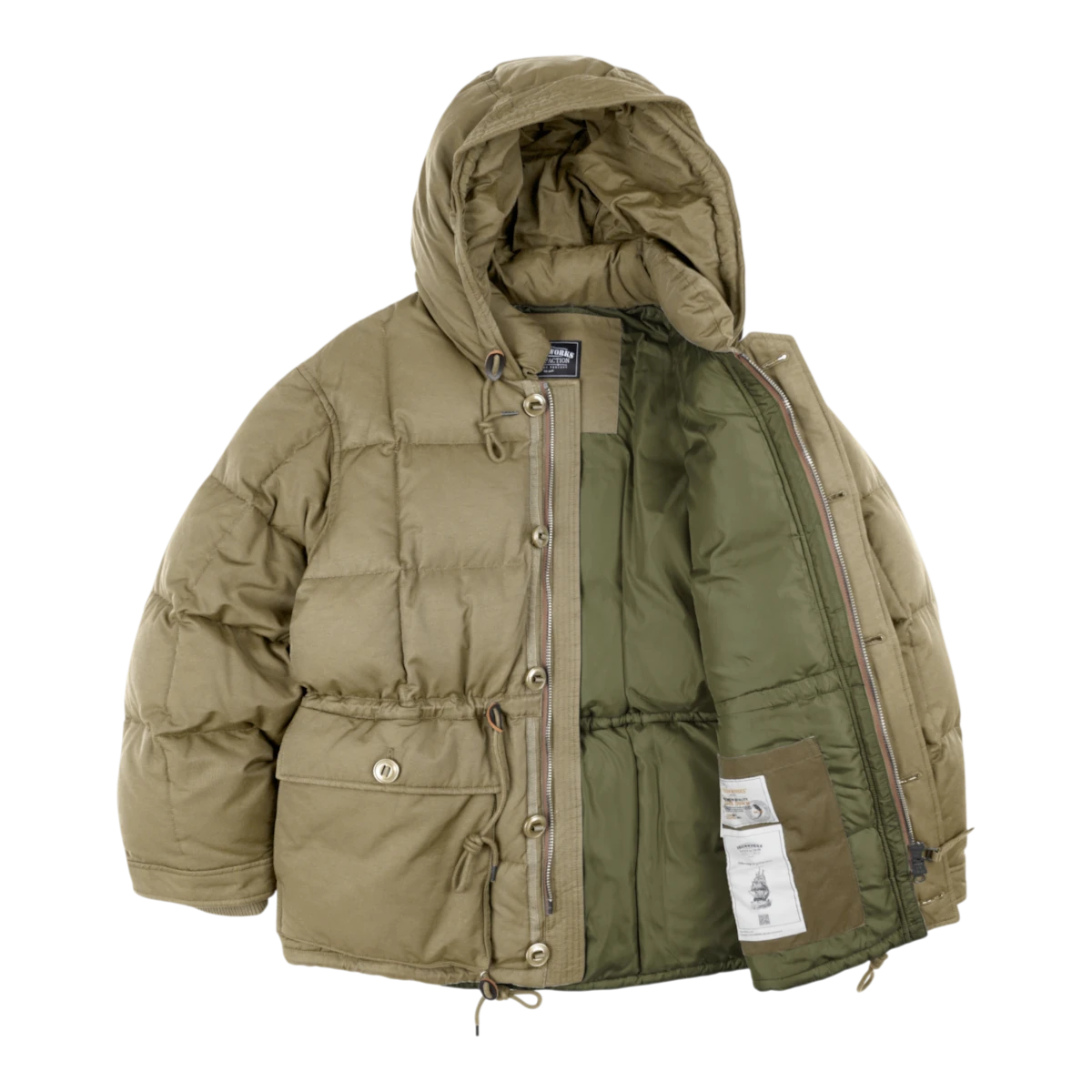 MILWORKS Frizmworks Karakoram down parka in khaki beige with square baffling, structured hood, and YKK zipper.