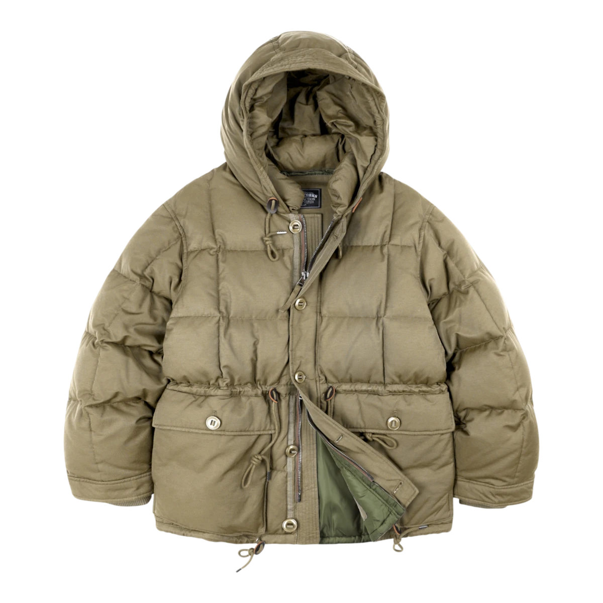 MILWORKS Frizmworks Karakoram down parka in khaki beige with square baffling, structured hood, and YKK zipper closure.