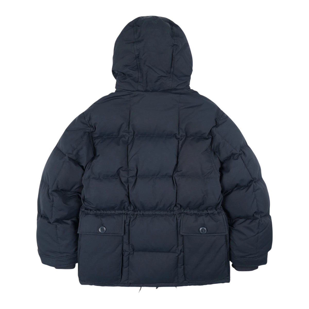Back view of a navy MILWORKS Frizmworks Karakoram down parka with square baffling and two buttoned flap pockets.