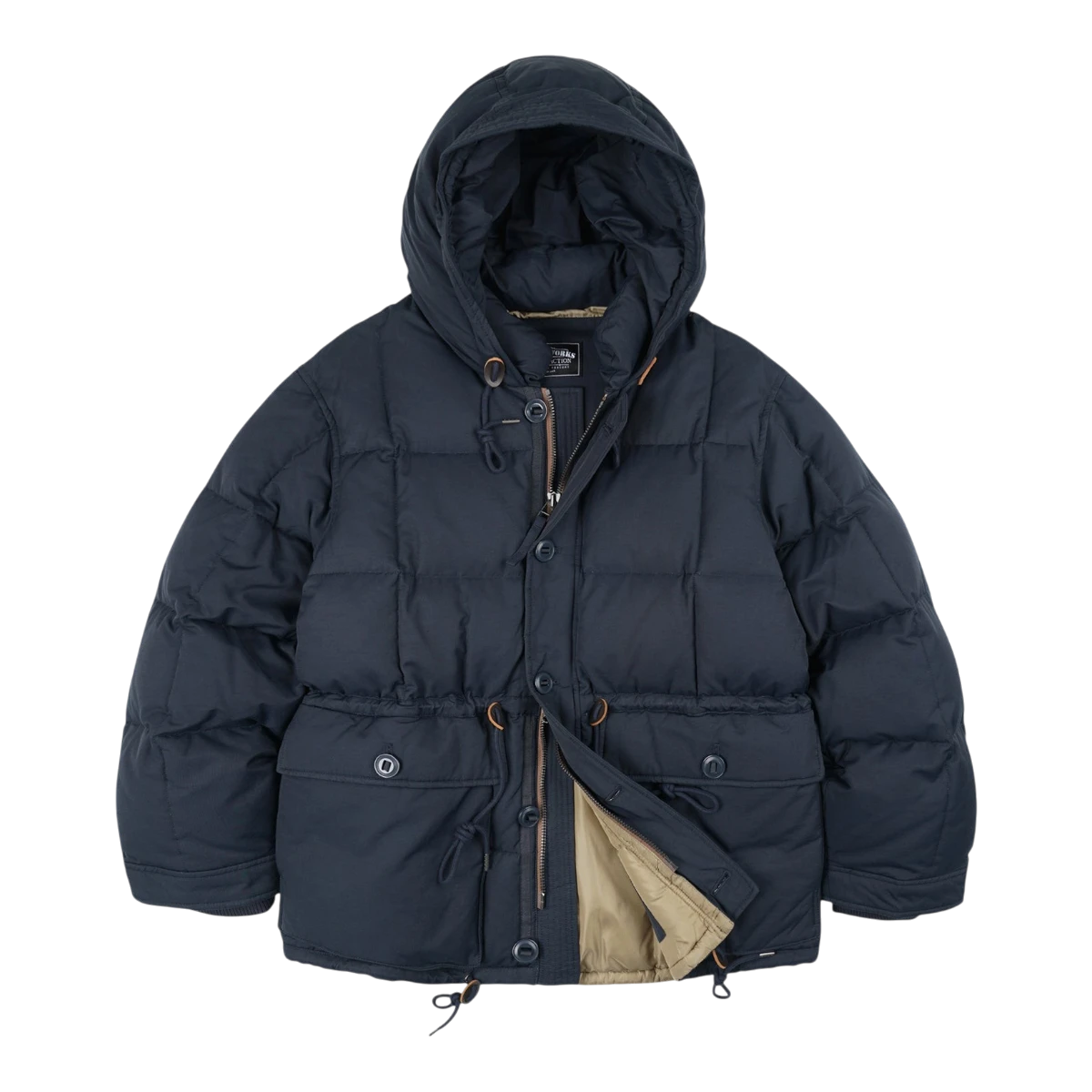 MILWORKS Frizmworks Karakoram navy down parka with square baffling, structured hood, and two-way zipper closure.
