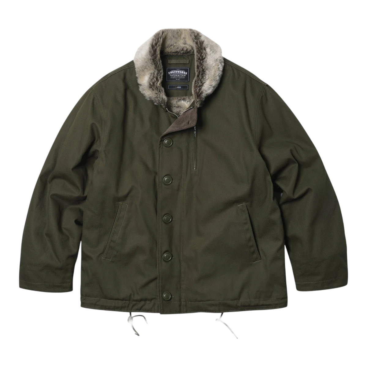 MILWORKS Frizmworks olive cotton twill N-1 deck jacket with faux fur collar and button-up front closure.