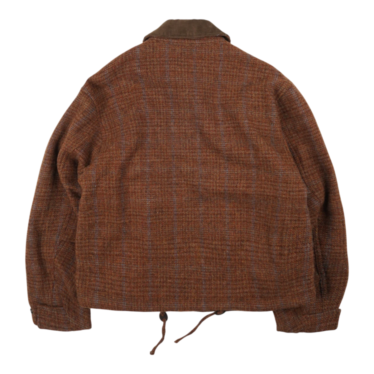 Back view of MILWORKS FrizmWorks wool heritage hunting jacket in maple brown with a corduroy collar and drawstring hem