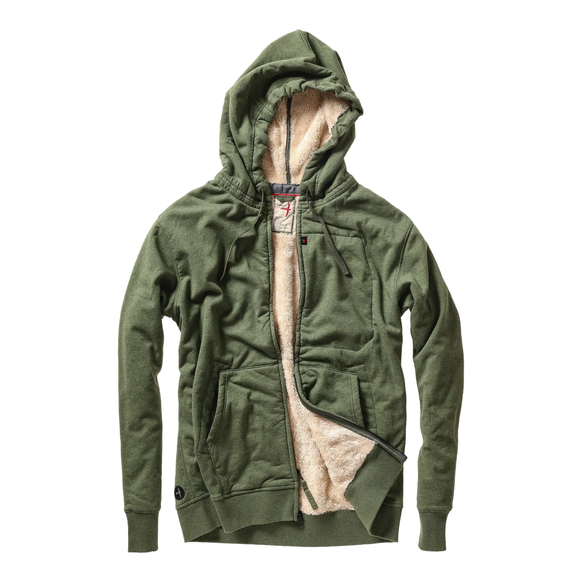 Milworks full-zip hoodie in loden heather green with a soft cream-colored sherpa fleece lining and two-way zipper.