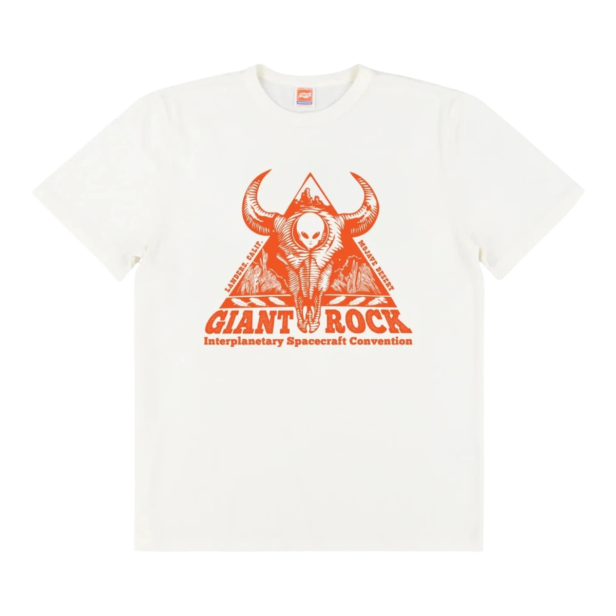 MILWORKS vintage white organic cotton t-shirt featuring a red Giant Rock Interplanetary Spacecraft Convention graphic
