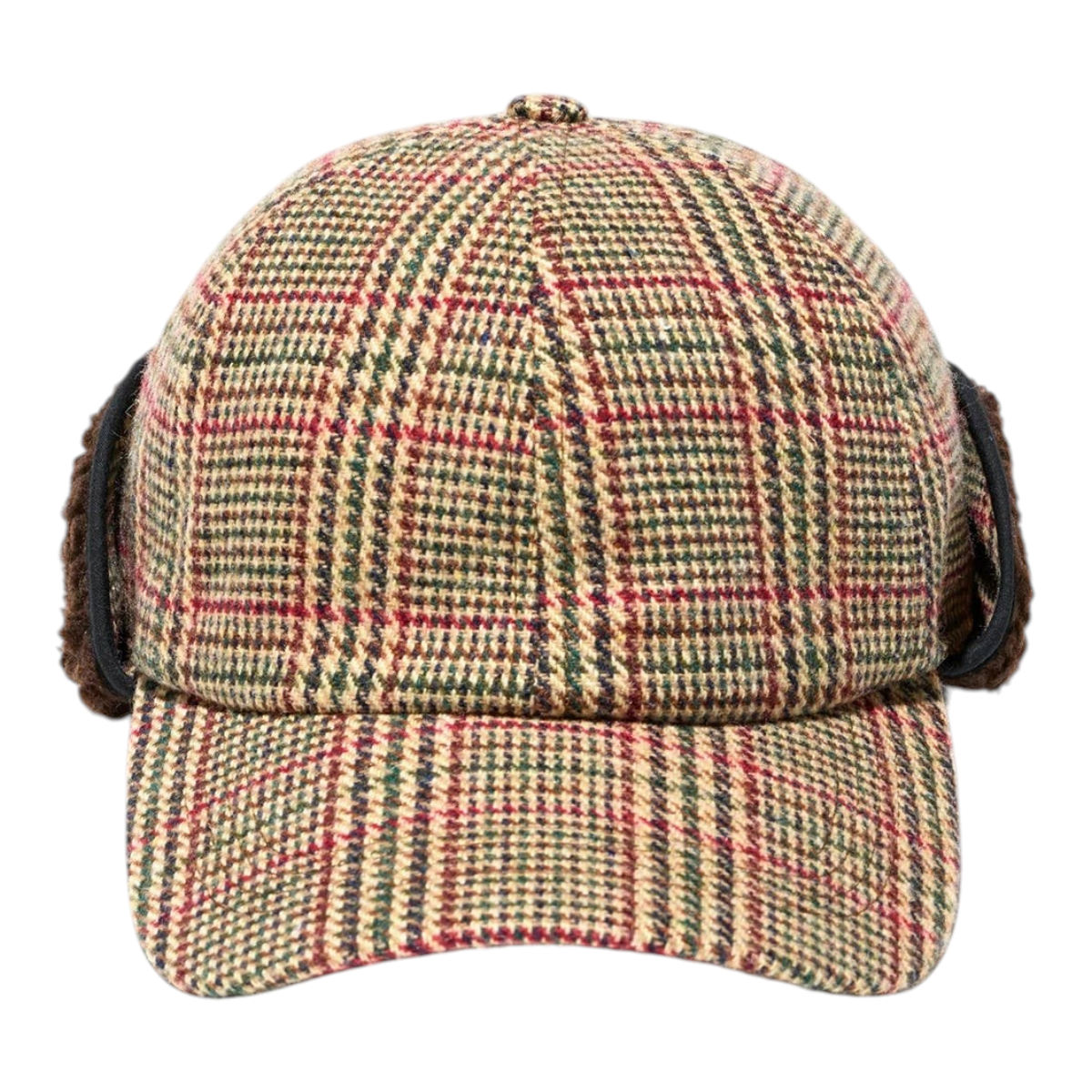 MILWORKS tan and red glen plaid hunting cap with wool blend fabric and fold-down ear flaps