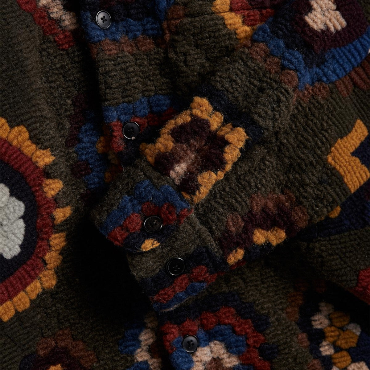MILWORKS Grandmas Quilt knit shirt in olive green wool blend with intricate multi-colored floral pattern and buttons