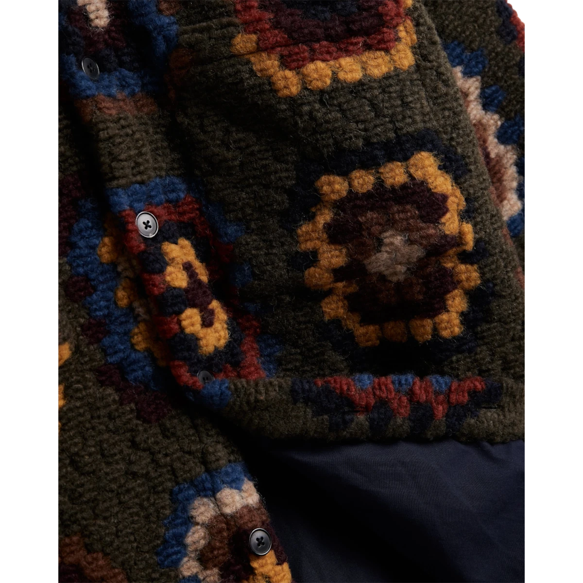 MILWORKS Grandmas Quilt knit shirt in olive green with multi-colored floral patterns and mother of pearl buttons