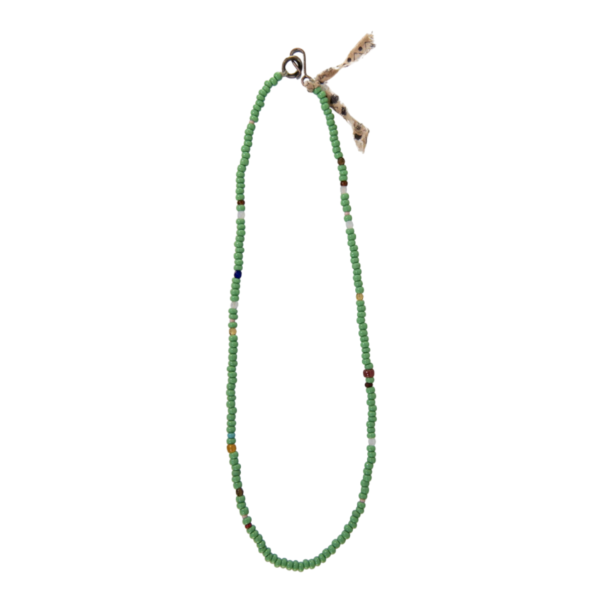 MILWORKS handmade green beaded necklace featuring a small Apollo concho and patterned fabric tie detail