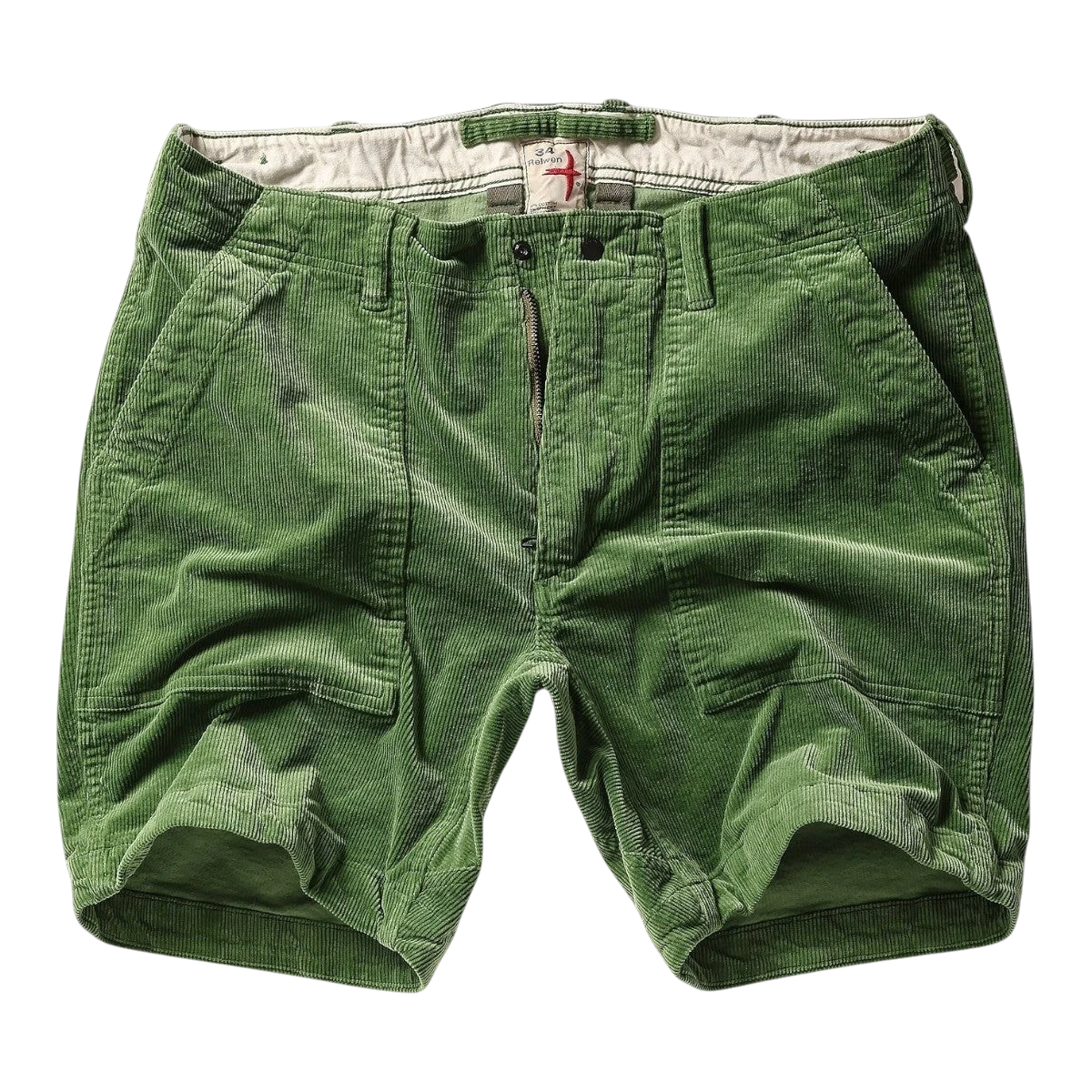 MILWORKs green corduroy shorts with a 7.5" inseam, featuring multiple pockets and a zip fly.