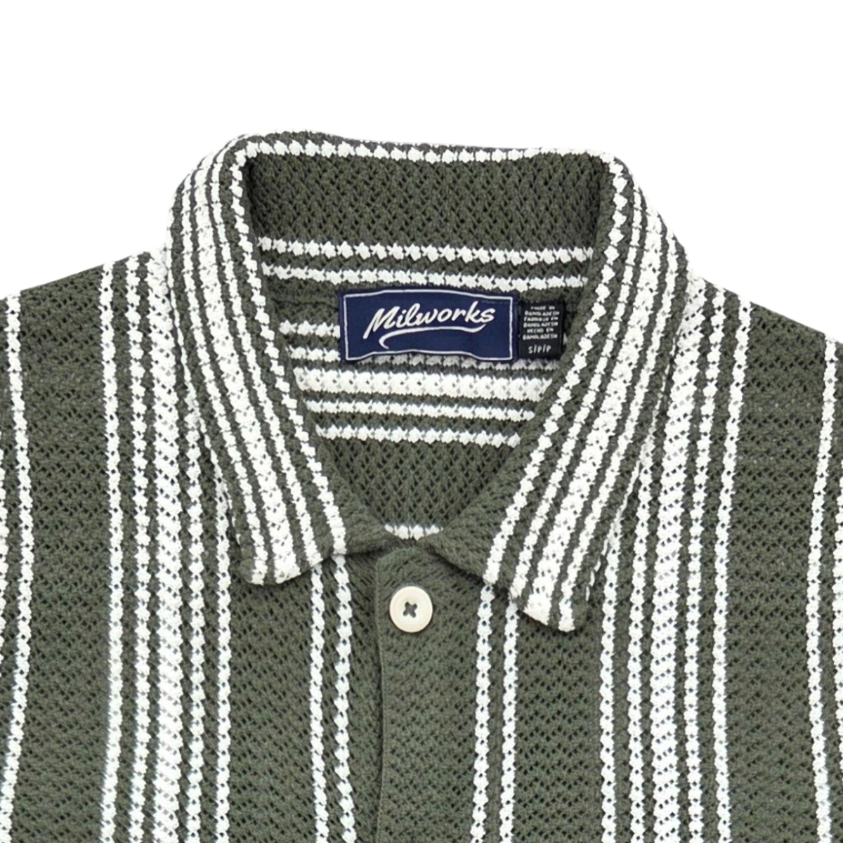 MILWORKS green and white striped short sleeve cotton knit polo shirt with a button closure.