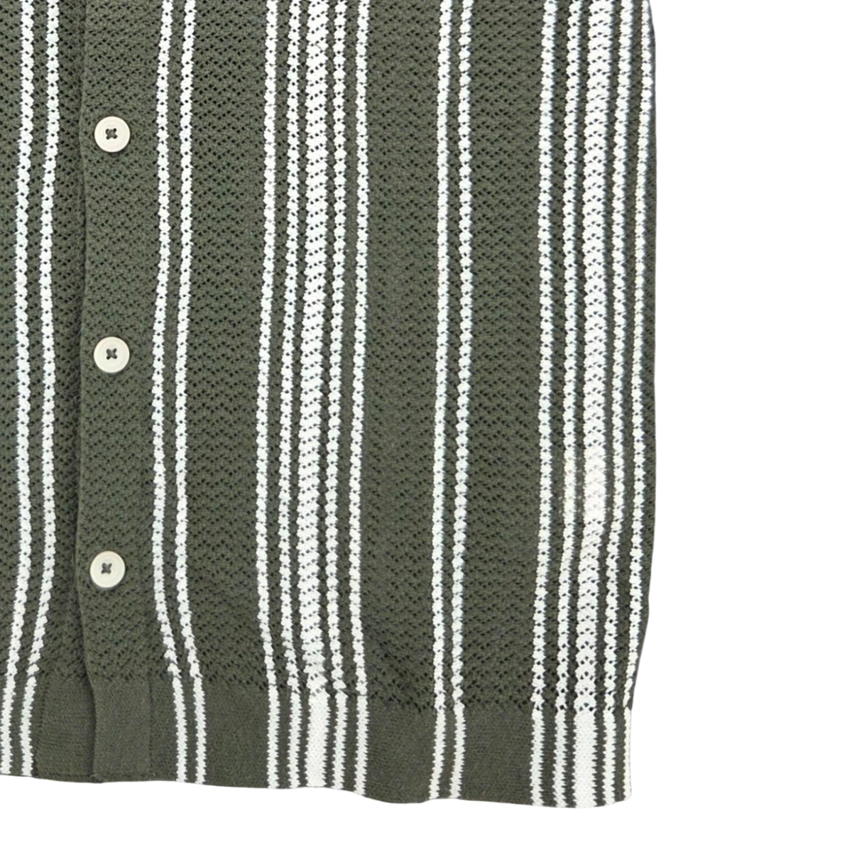 MILWORKS green cotton knit short sleeve shirt with white vertical stripes and three buttons