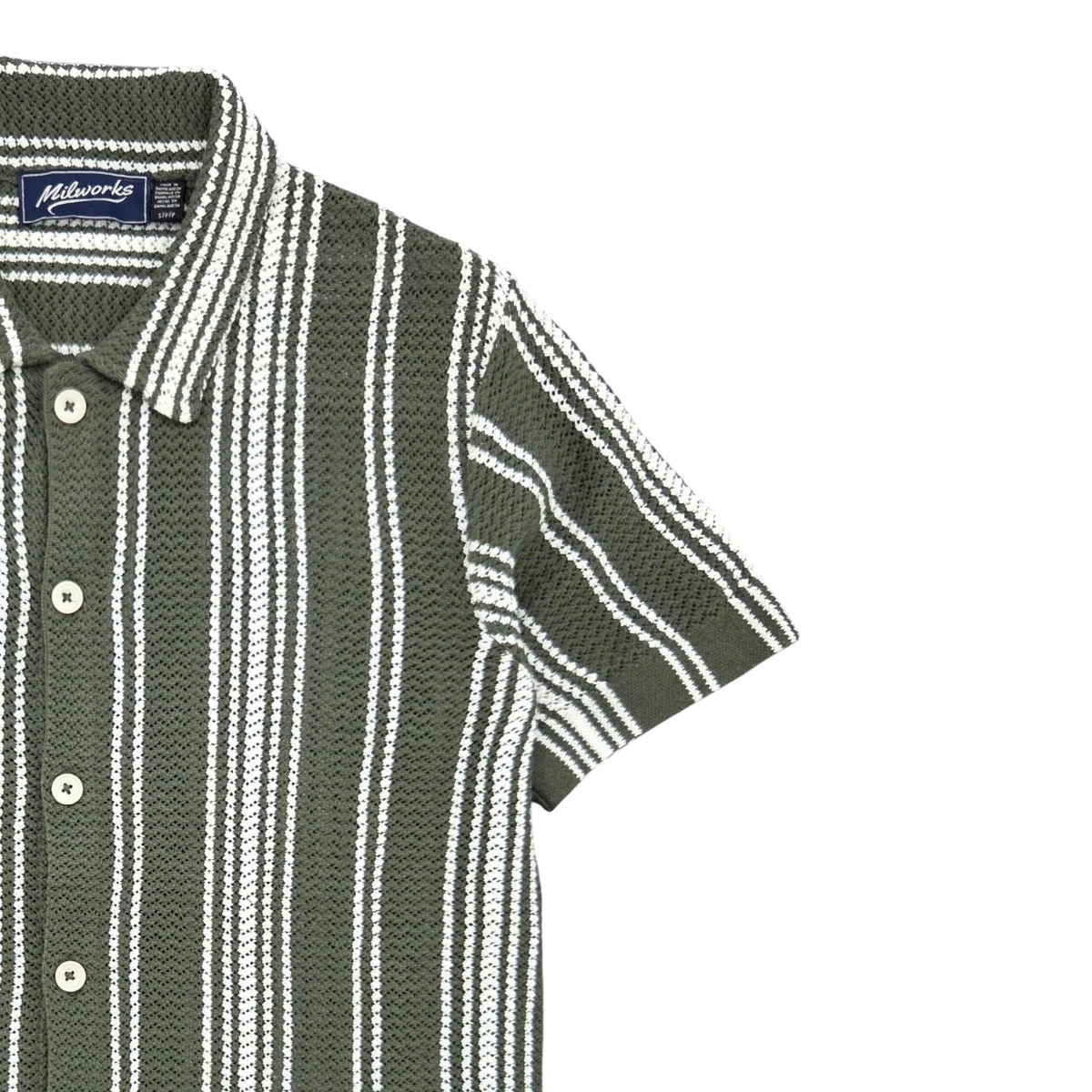 MILWORKS green and white striped short sleeve cotton knit shirt with a textured pattern and button-up collar.