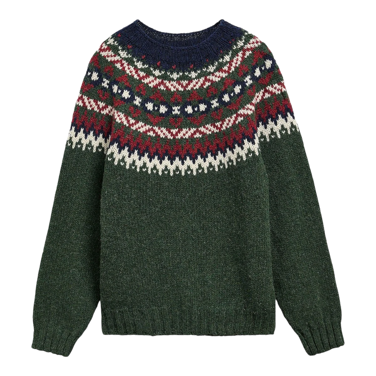 MILWORKS Scottish made green wool crew neck jumper featuring a traditional multi-colored Fair Isle pattern.