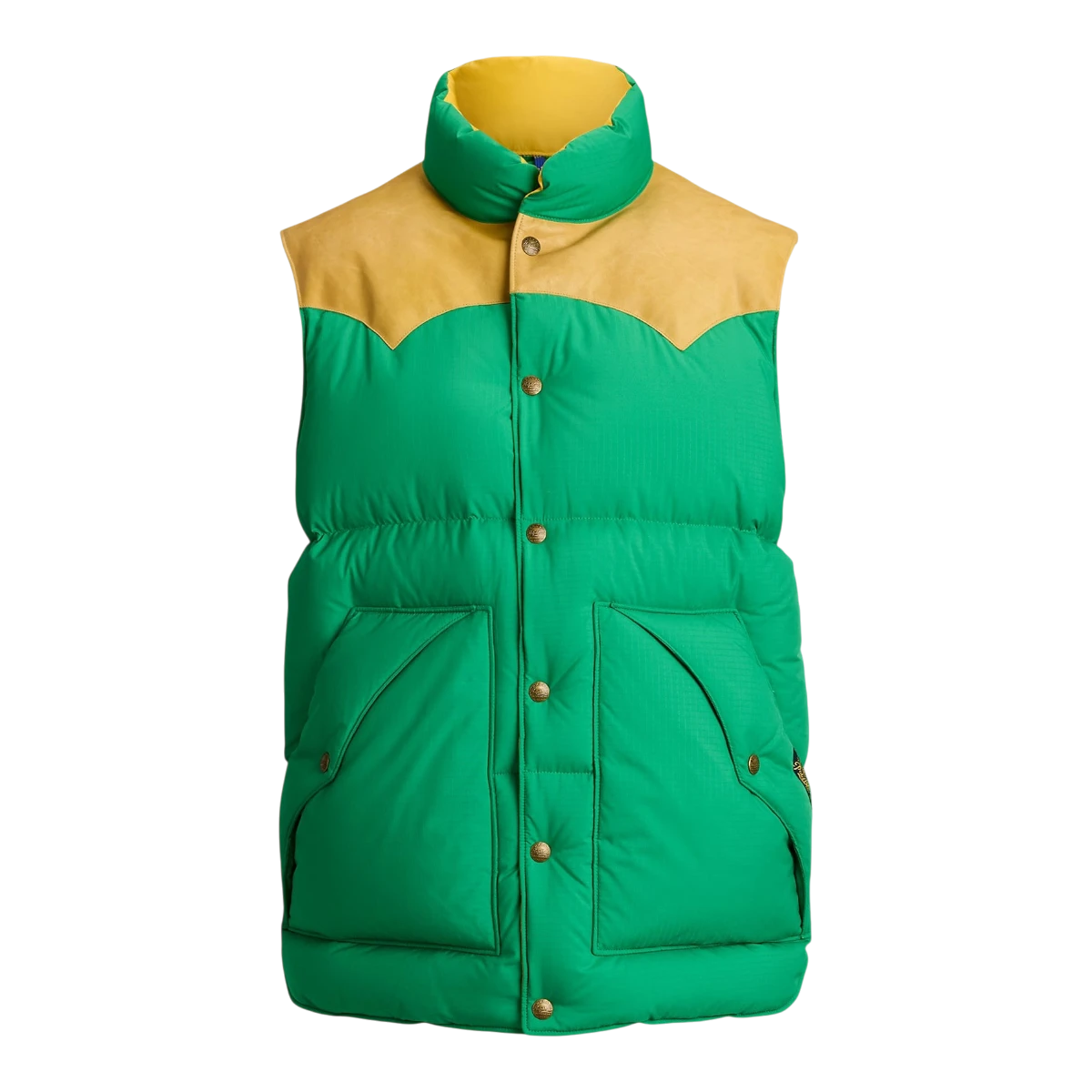 MILWORKS green ripstop down vest with a tan leather Western-style yoke, mockneck, and snapped placket closure.