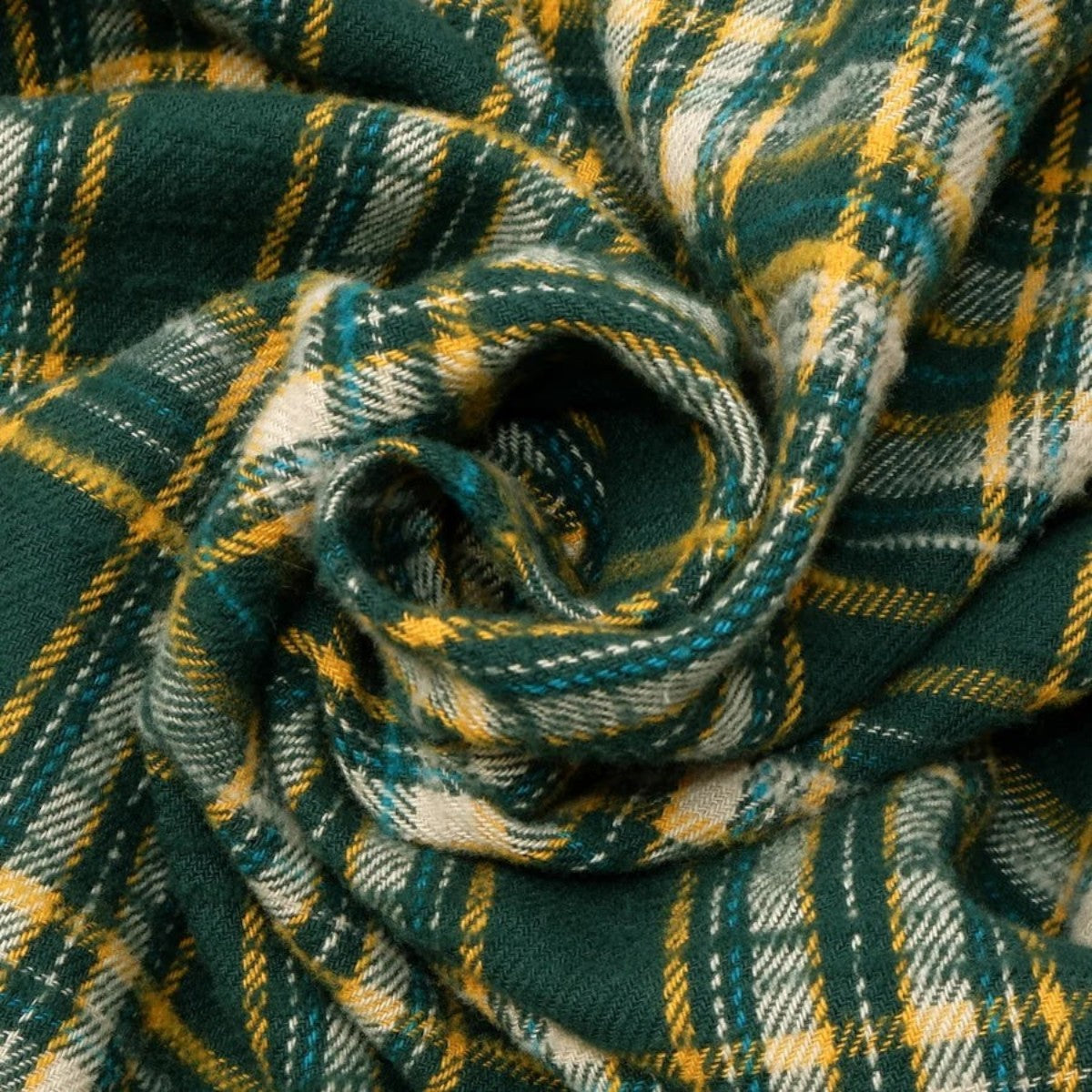 MILWORKS green slub heavy flannel shirt fabric with a textured brushed finish and a small muted check pattern