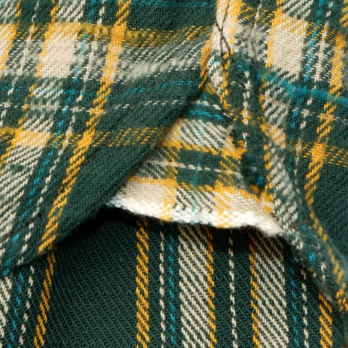 MILWORKS green slub heavy flannel shirt with a textured check pattern and brushed finish for warmth
