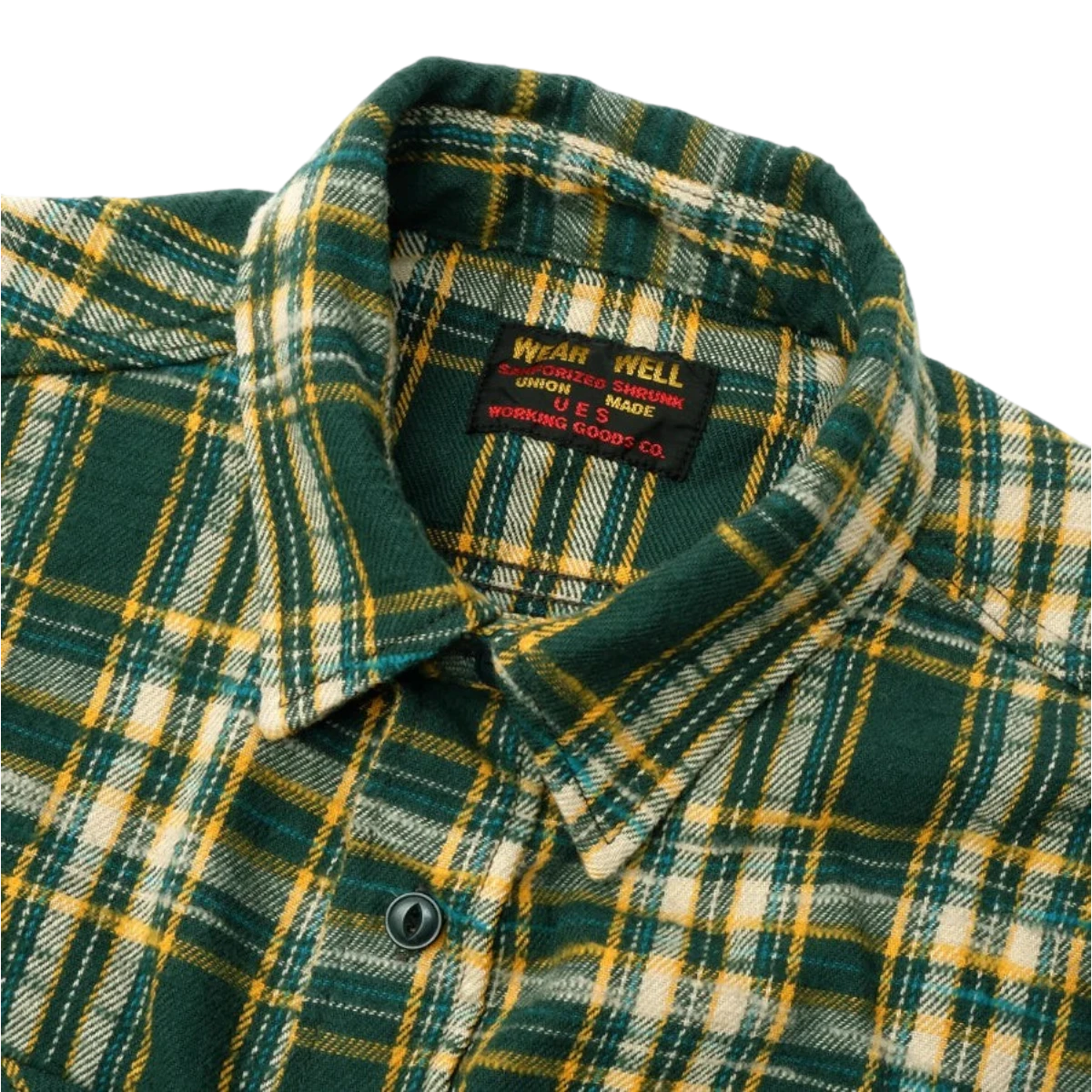 MILWORKS green slub heavy flannel shirt with a small check pattern and brushed texture, featuring a collar label.