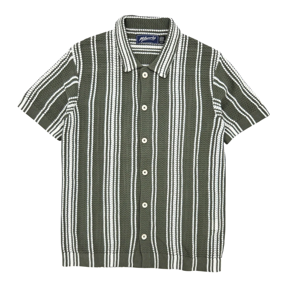 MILWORKS green and white striped short sleeve cotton knit shirt with a button-up front and spread collar.