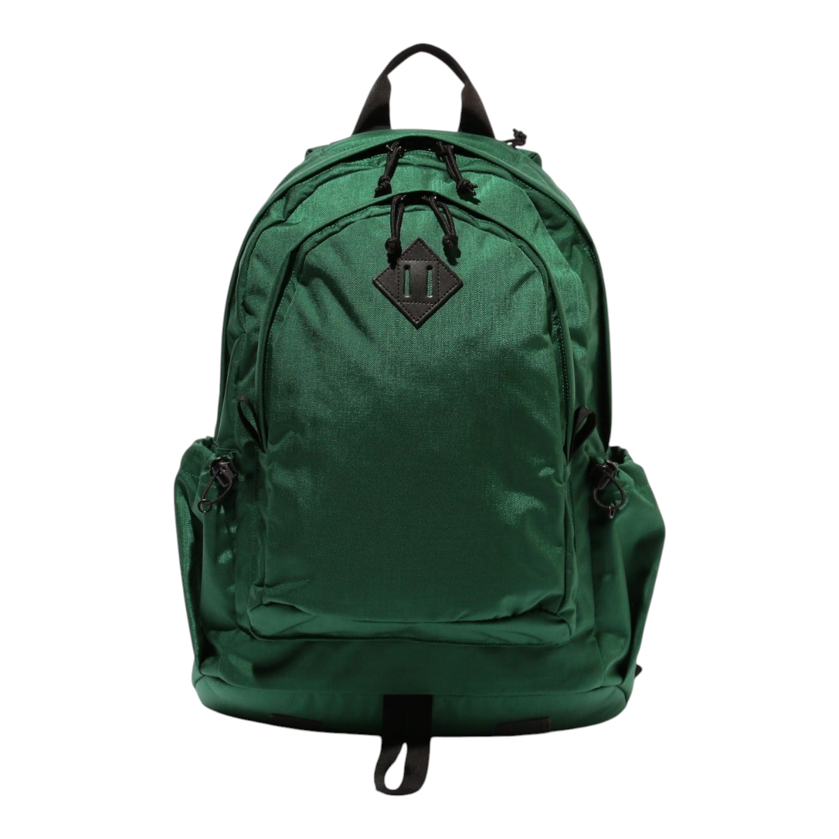 MILWORKS green two-compartment day pack with a 1970s-inspired design, padded back, and side drawstring pockets.