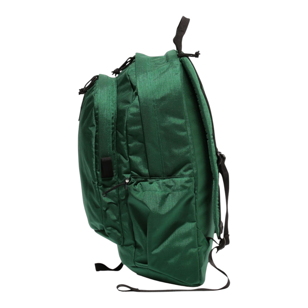 MILWORKS green two-compartment daypack with a sloped bottom design and side drawstring pockets for storage