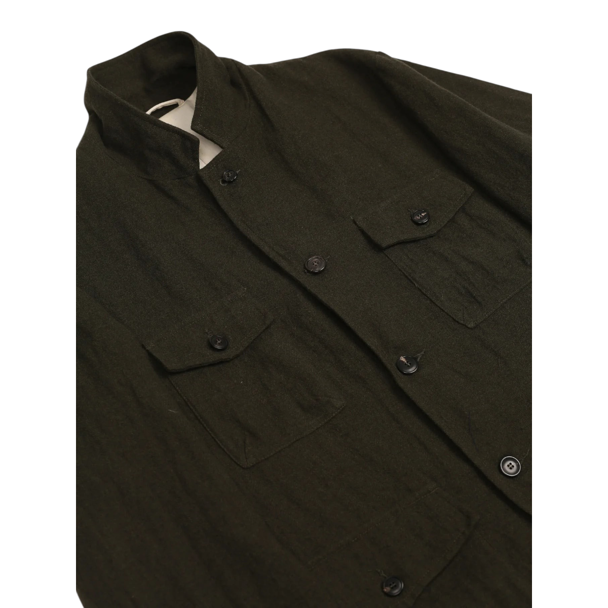 MILWORKS East Harbour Surplus green wool-linen blend sports jacket with four patch pockets and horn buttons.