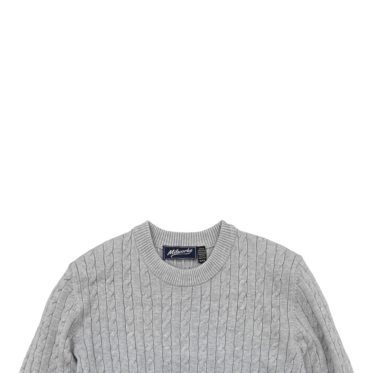 MILWORKS grey melange cable knit crew neck sweater with ribbed collar and cuffs