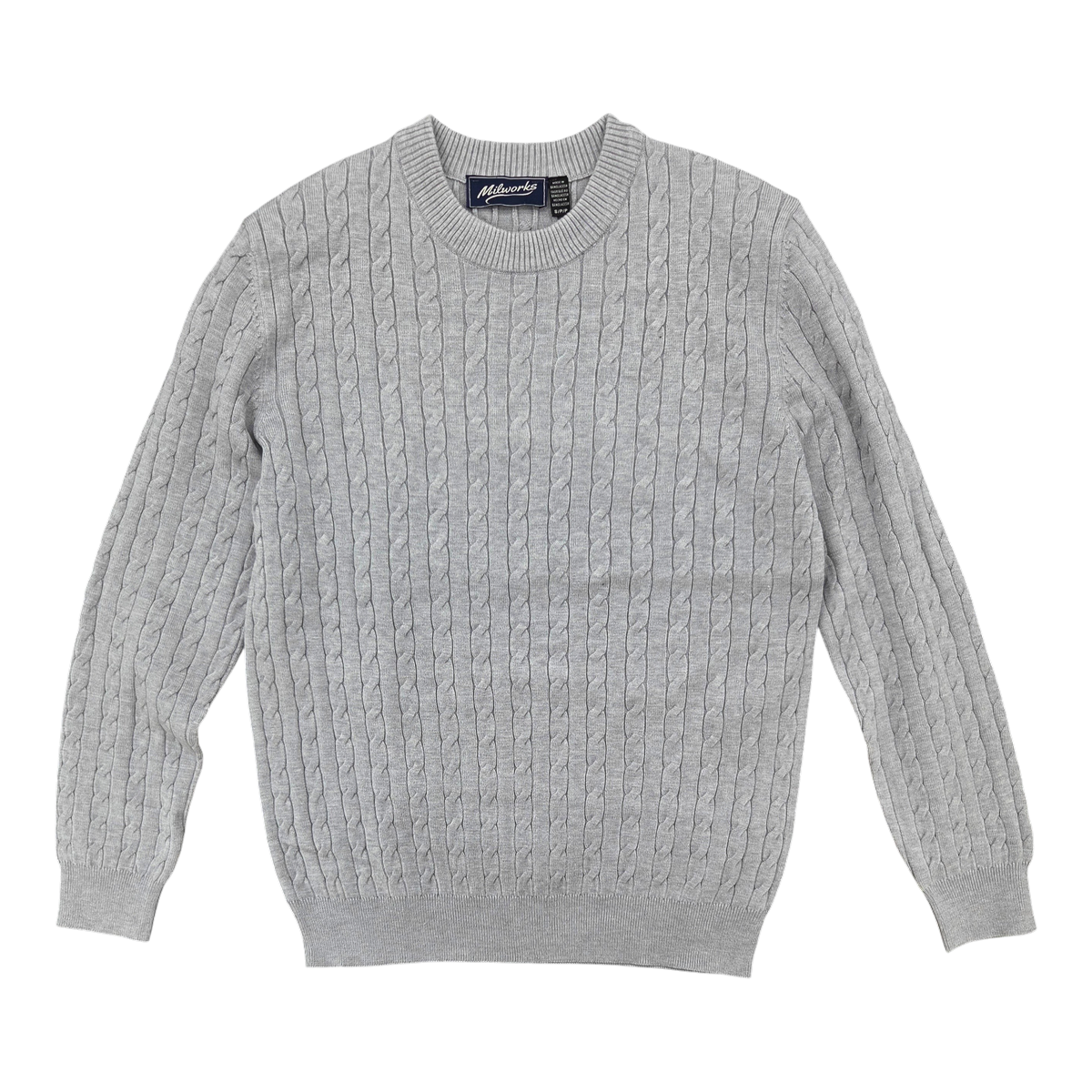 MILWORKS grey melange cable knit crew neck sweater with long sleeves and ribbed cuffs