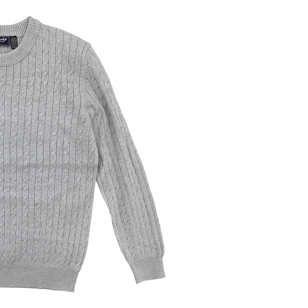 MILWORKS grey melange cable knit crew neck sweater with ribbed cuffs and hem