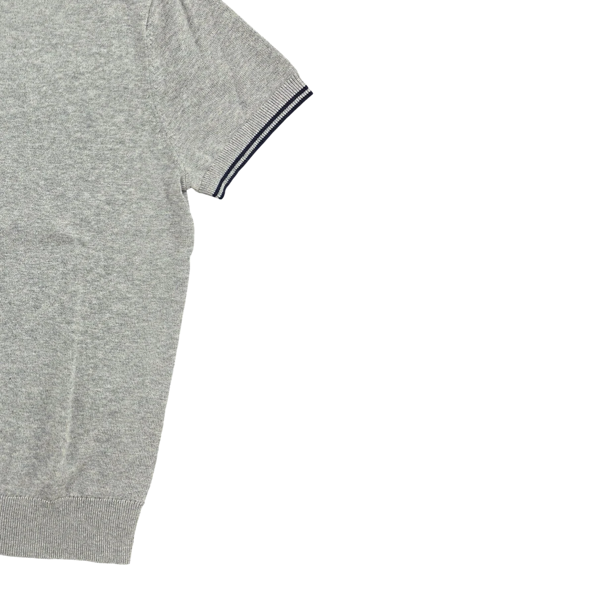 MILWORKS grey short sleeve knit polo shirt with navy and white trim on sleeves and hem. Made from 95% cotton and 5% cashmere.