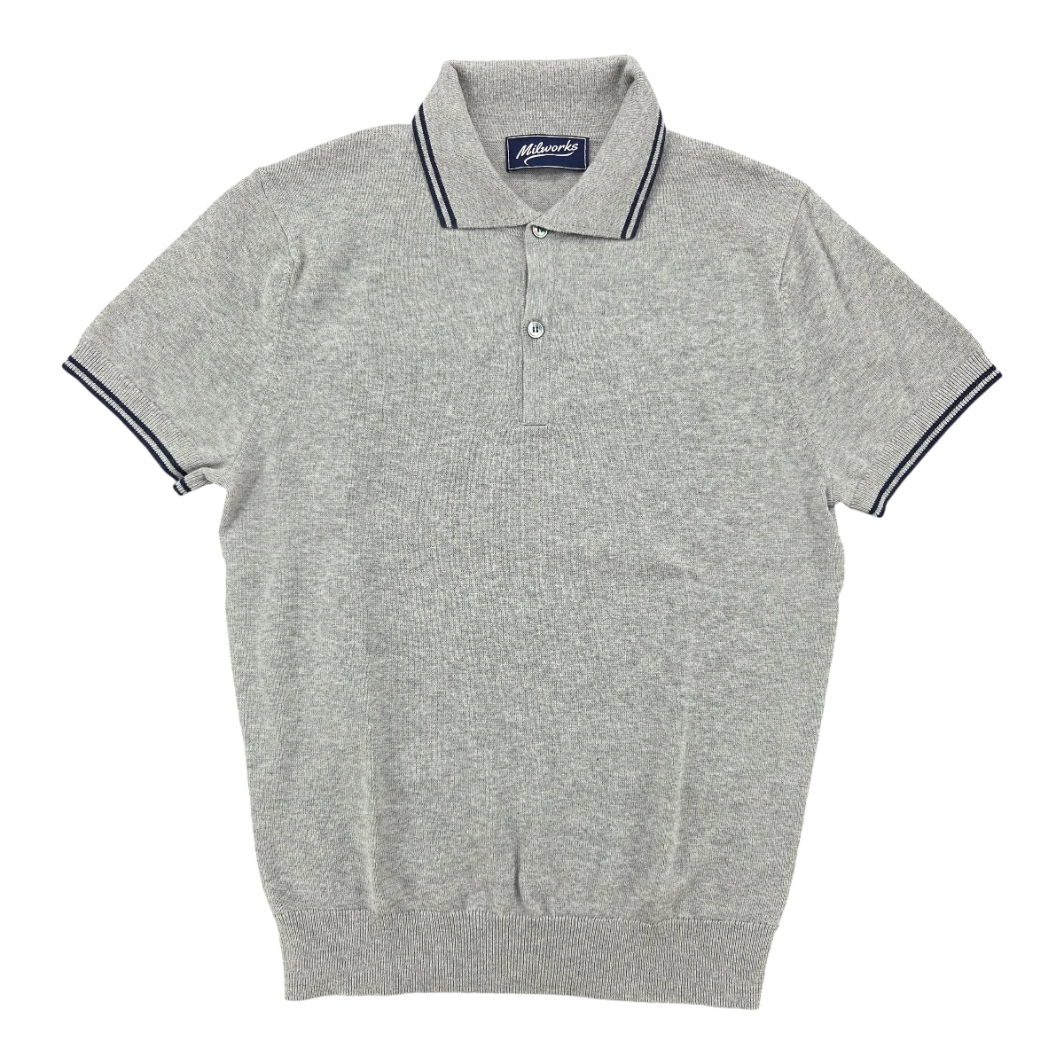 MILWORKS grey short sleeve knit polo shirt with navy trim on collar and cuffs, made from 95% cotton and 5% cashmere.