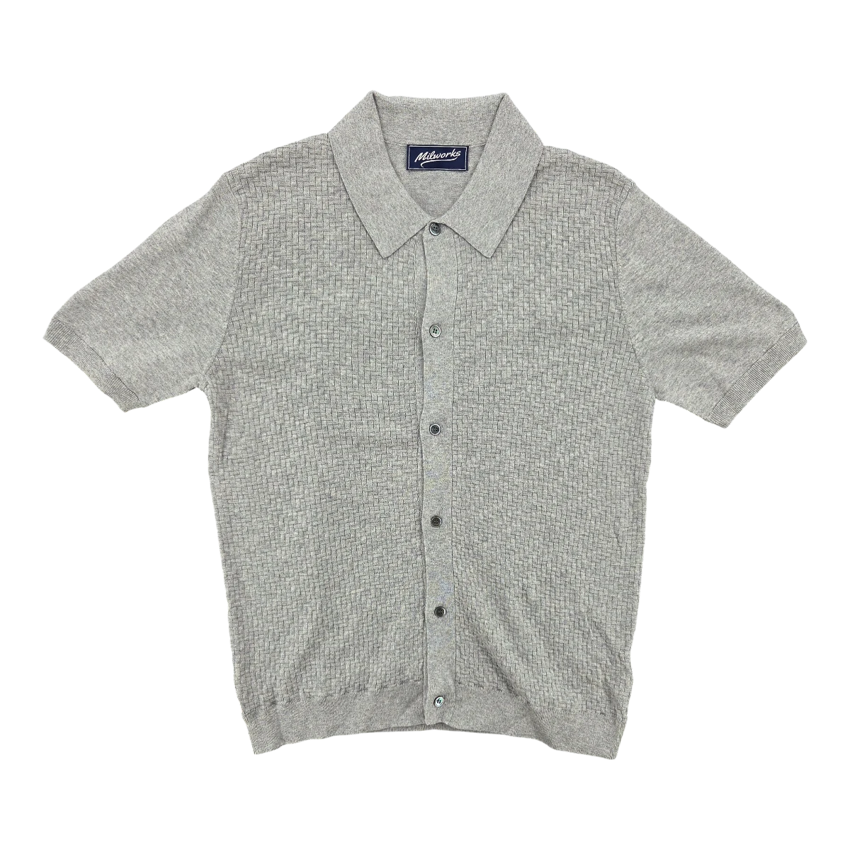 MILWORKS grey short sleeve knit shirt with a basketweave texture, button-up front, and collared neckline. Made from cotton and cashmere blend.