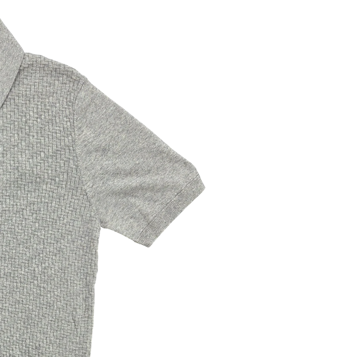 MILWORKS grey short sleeve knit shirt with a basketweave texture and ribbed cuffs, made from a cotton-cashmere blend.