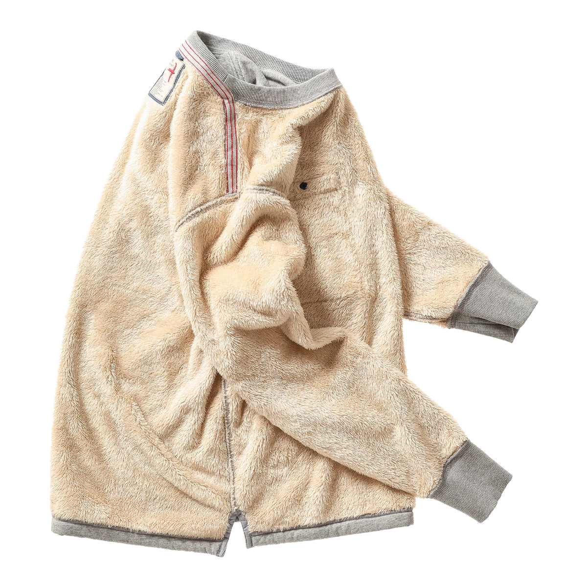 Milworks grey heather crewneck sweatshirt featuring a soft beige sherpa fleece interior and ribbed cuffs.