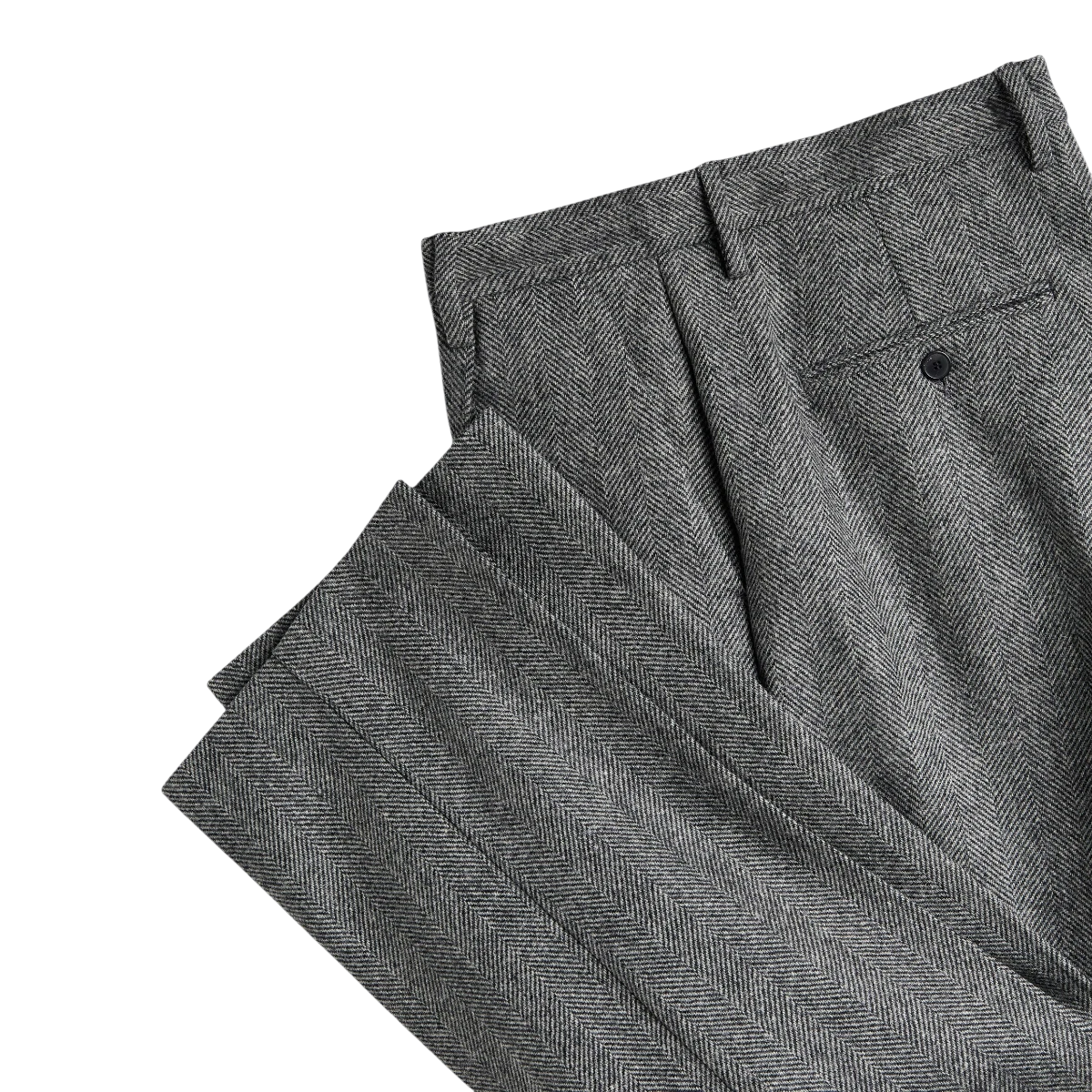 MILWORKS grey herringbone virgin wool single pleat trousers with recycled polyester buttons