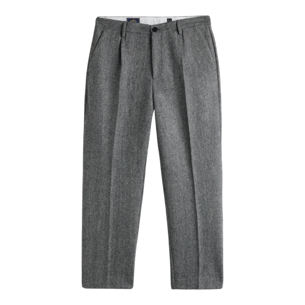 MILWORKS grey herringbone virgin wool trousers with single pleat front and recycled polyester button closure.