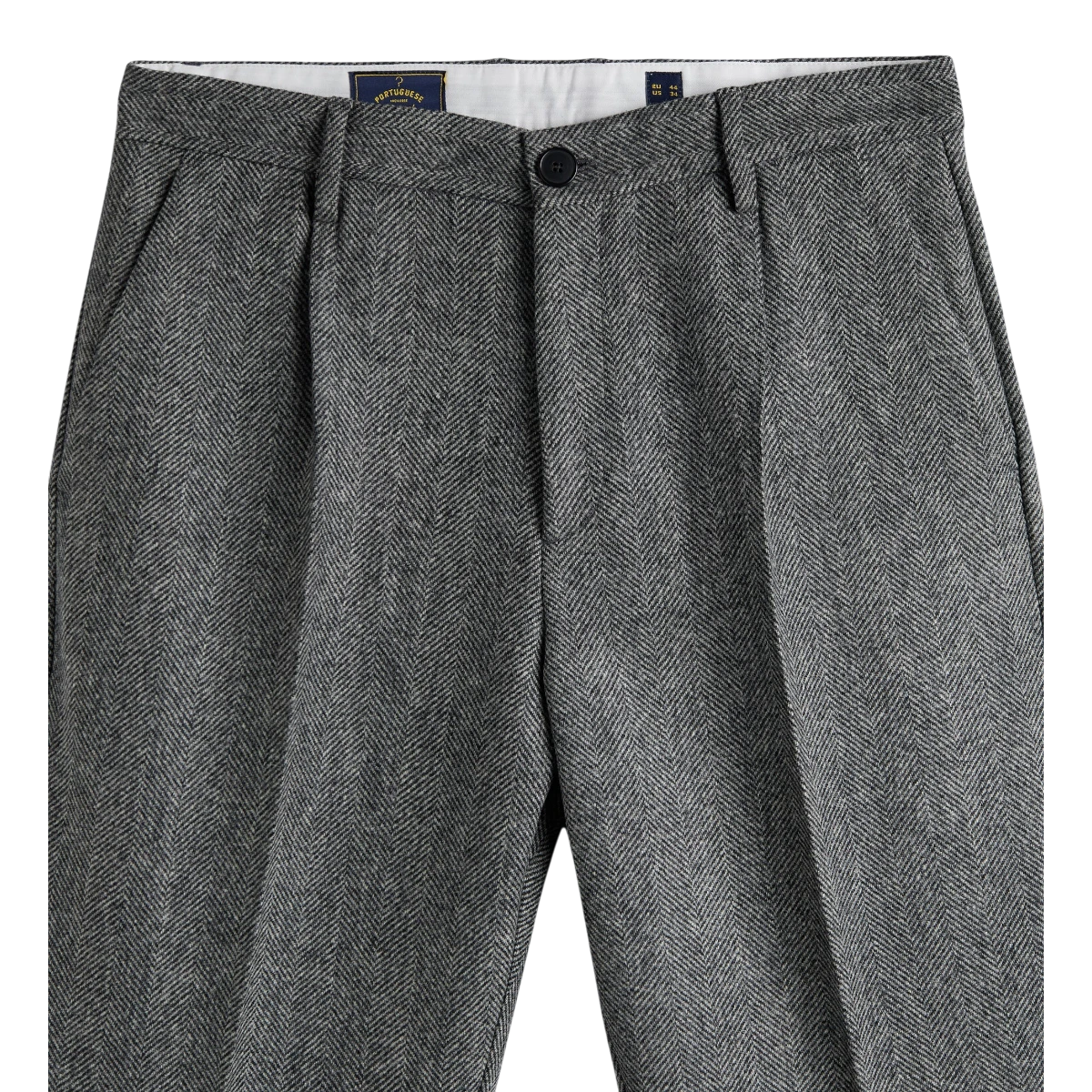MILWORKS grey herringbone virgin wool single pleat trousers with recycled polyester button closure