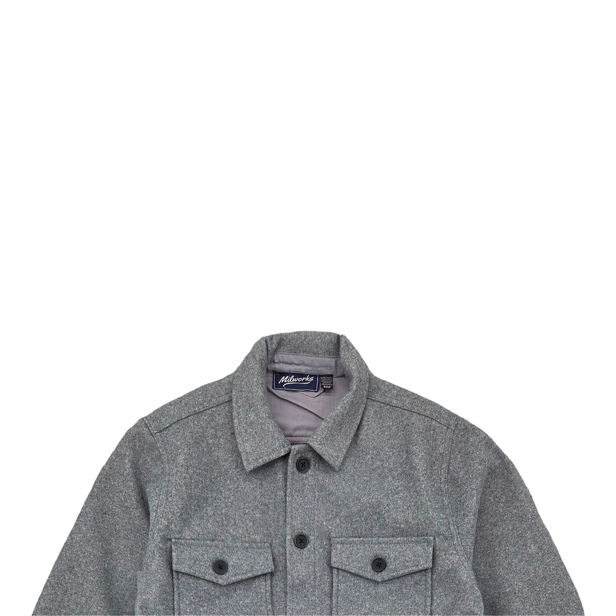 MILWORKS grey marl overshirt jacket with a classic collar, button-down front, and two chest pockets.