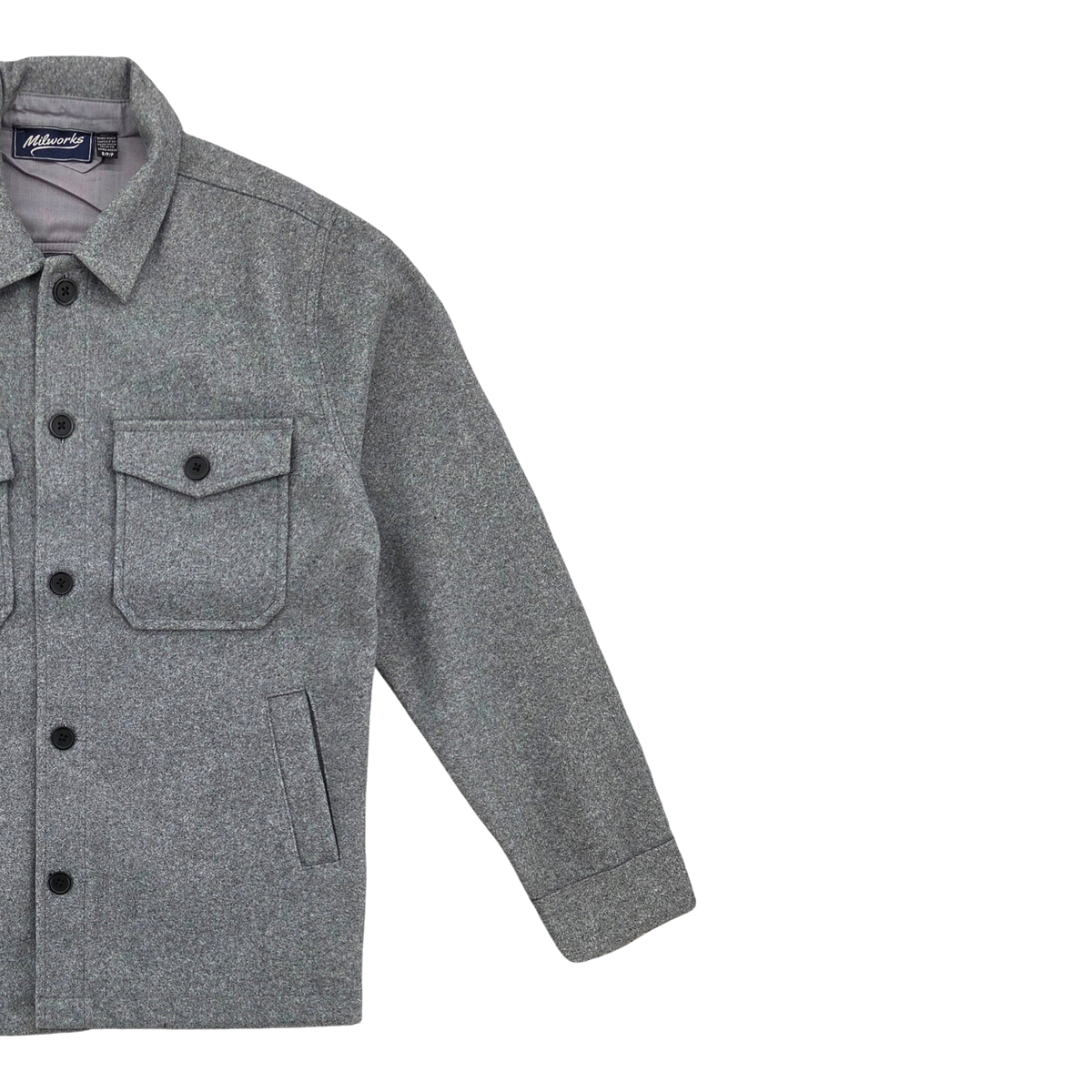 MILWORKS grey marl wool-blend overshirt jacket with button-down front, chest pockets, and side entry pockets.
